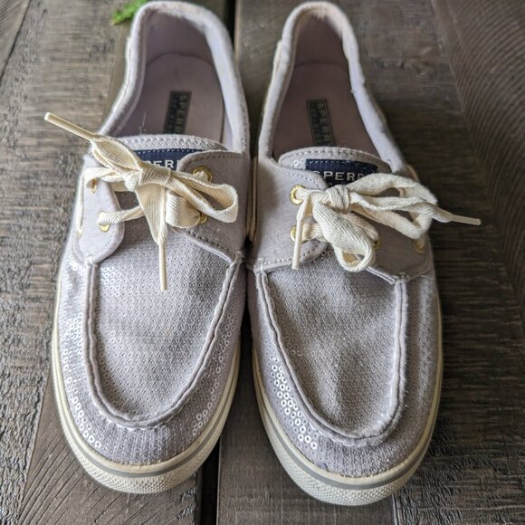 Sperry Sequin Sparkle Glitter Silver Gray Deck Boat Slip on Shoes Size 8.5 - Picture 5 of 10
